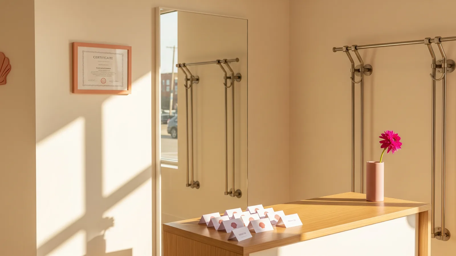 A warm-lit pole studio reception corner with chrome poles reflected in a wall mirror
