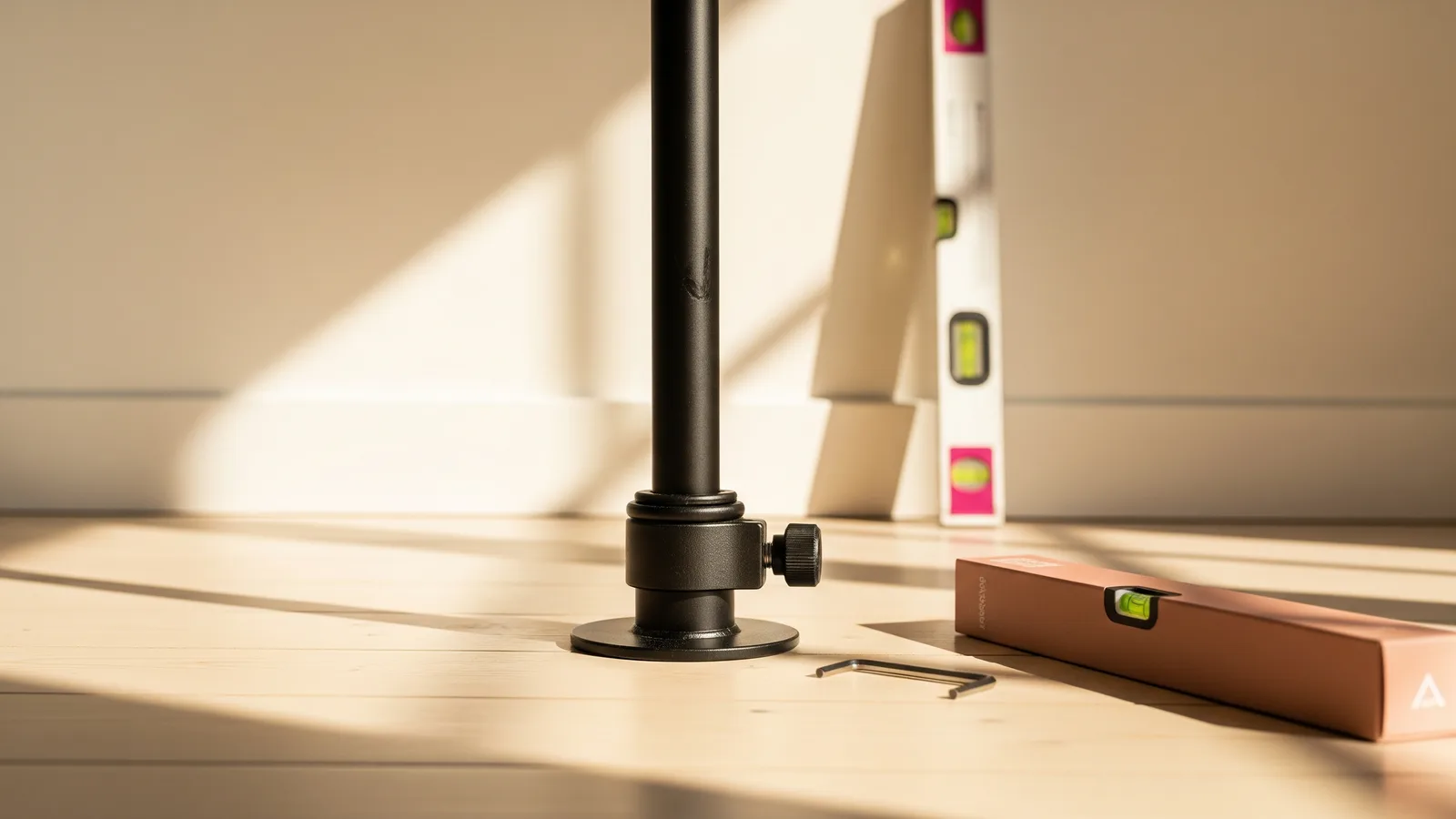 A pressure-mounted pole base plate and adjustment collar mid-setup on floorboards with an allen key beside