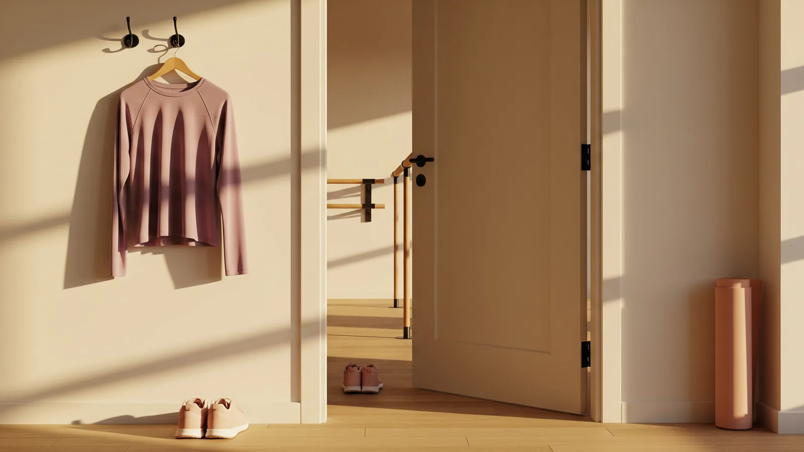 A calm studio entrance at golden hour with trainers by the door and a pole visible through the doorway