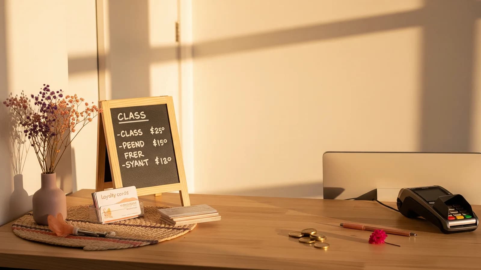 A studio reception desk with a chalkboard of class prices, loyalty cards, a card reader and a few coins
