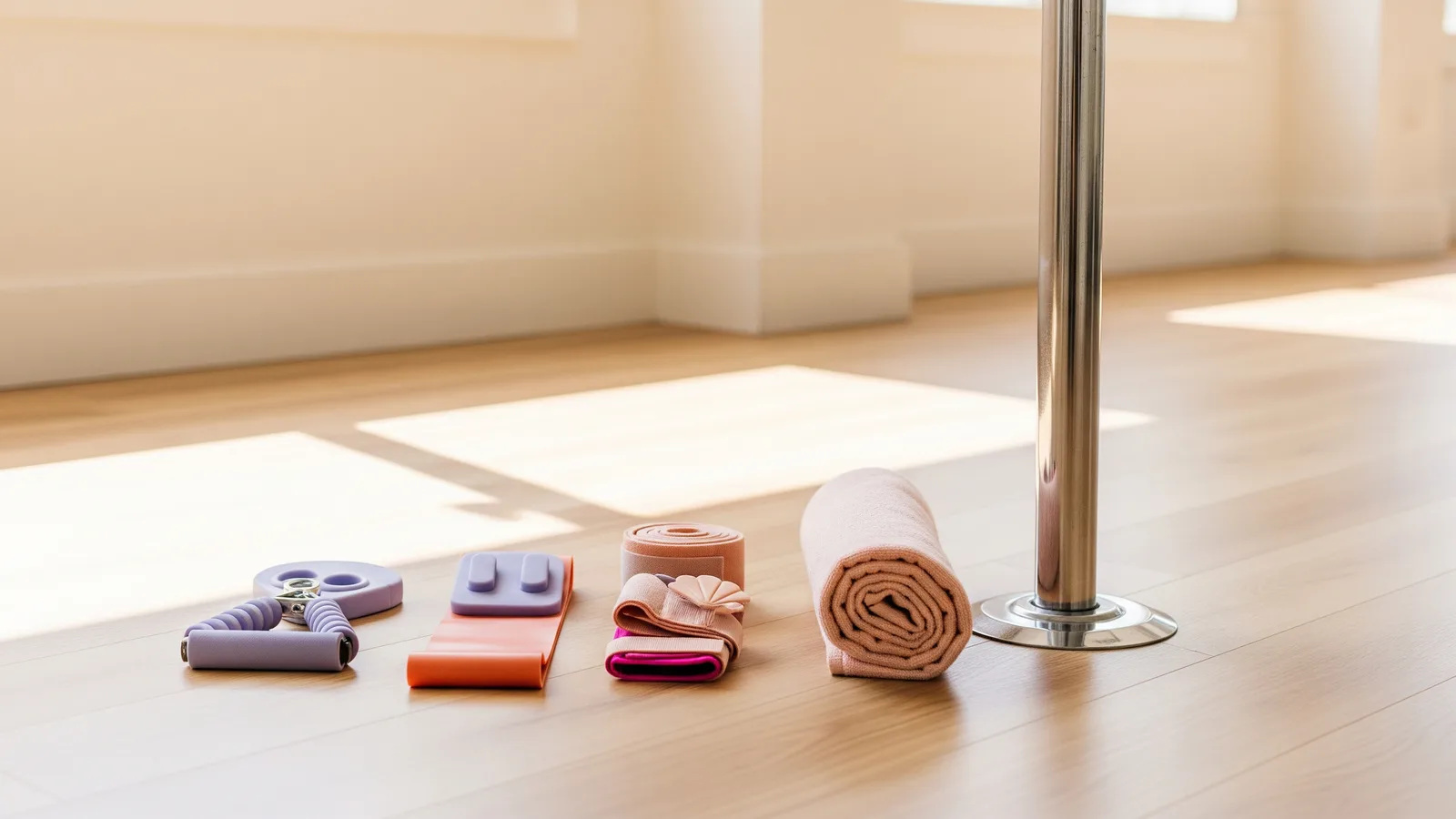 A flat-lay of grip aid, a resistance band, wrist wraps and a towel on warm studio flooring by a pole base