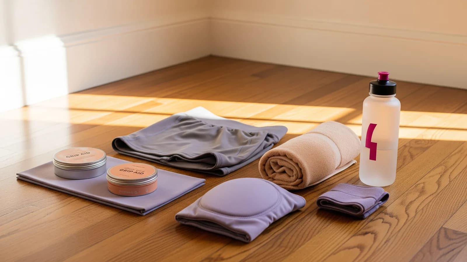 A flat-lay of pole dancing kit on warm timber including grip aid, shorts, a towel and a water bottle