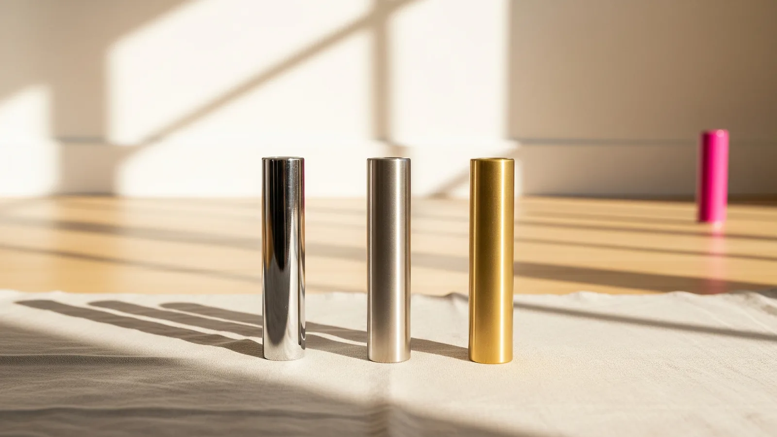 Three pole samples in chrome, stainless steel and brass finishes lined up on linen over floorboards